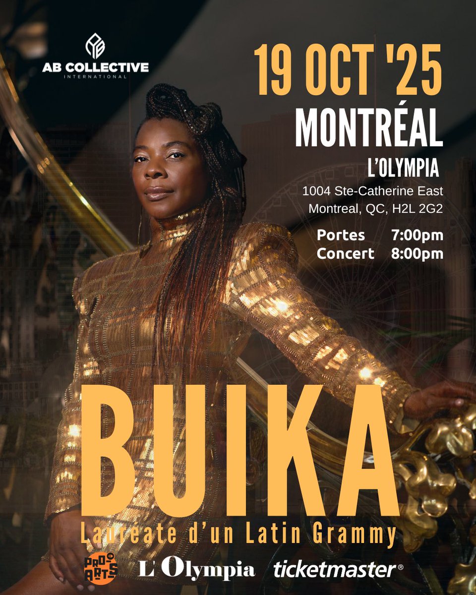 We’re proud to present: Latin Grammy-winning artist Buika, live in Canada this October.

Oct 18 – Toronto | Oct 19 – Montréal

🎟️ Tickets now on sale
Toronto
🔗 tickets.admitonelive.com/event/buika-to…

Montreal
🔗 ticketmaster.ca/event/310062AD…

#BuikaCanada #ABCollectiveInternational #TorontoConcert