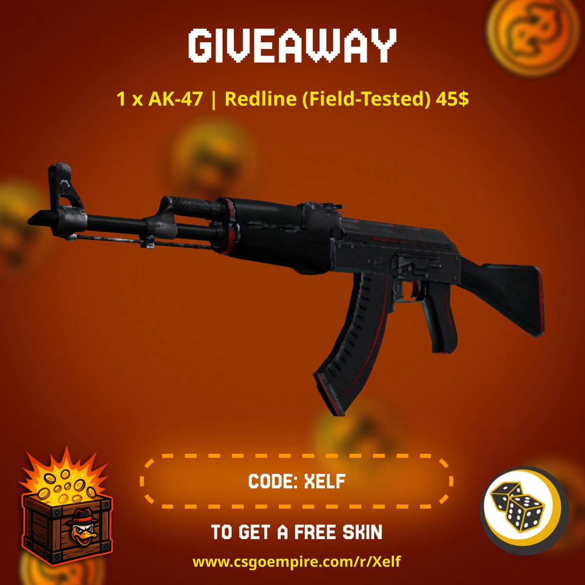 GIVEAWAY AK-47 | REDLINE (FT) 🎊

1️⃣ Follow <a href="/CodeXelf/">Code XELF</a> 🔔
2️⃣ Like &amp; RT
3️⃣ Tag 2 friends 

Winner in 7 days! 🎁
#CS2 #Giveaway #Skins #CS2Giveaway #CS2Skin #CounterStrike #Leaderboard #CsgoEmpire #Xelf