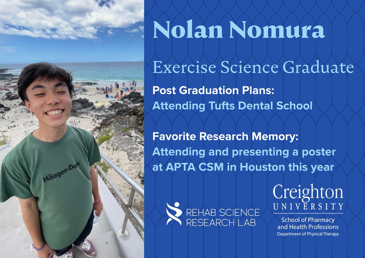 Creighton Rehab Science Research Lab (@creightonrehab) on Twitter photo Congrats to Nolan! He is graduating with a bachelor's in Exercise Science with a pre-dental pathway. Nolan contributed to an NIH-funded research project and presented a poster nationally at <a href="/APTA_official/">American Physical Therapy Association (APTA)</a> CSM. Nolan joins the <a href="/TuftsDental/">Tufts Dental</a> class of 2029 this August! Congrats to Nolan! He is graduating with a bachelor's in Exercise Science with a pre-dental pathway. Nolan contributed to an NIH-funded research project and presented a poster nationally at <a href="/APTA_official/">American Physical Therapy Association (APTA)</a> CSM. Nolan joins the <a href="/TuftsDental/">Tufts Dental</a> class of 2029 this August!