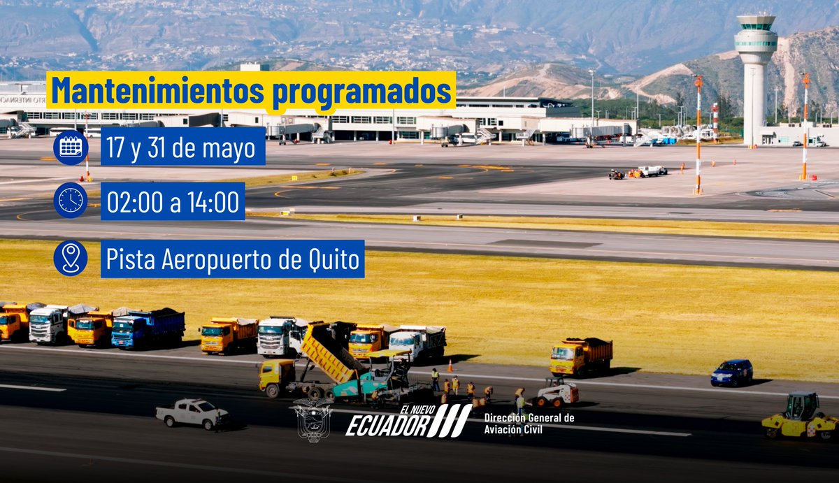 DGAC Ecuador (DAC) (@dgac_ecuador) on Twitter photo 🛫Este sábado 17 de mayo se realizará el cierre programado del <a href="/AeropuertoUIO/">Aeropuerto Internacional de Quito</a> por trabajos de mantenimiento preventivo en su pista.
Consulte con su aerolínea el estado de su vuelo.
Conozca más detalles 📷 n9.cl/30ha0 🛫Este sábado 17 de mayo se realizará el cierre programado del <a href="/AeropuertoUIO/">Aeropuerto Internacional de Quito</a> por trabajos de mantenimiento preventivo en su pista.
Consulte con su aerolínea el estado de su vuelo.
Conozca más detalles 📷 n9.cl/30ha0