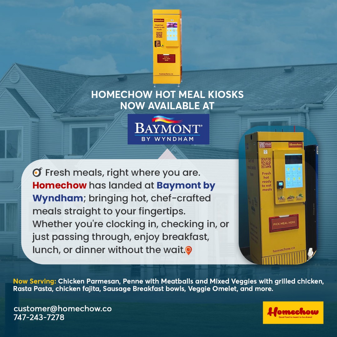 Homechow Hot Meal Kiosks are now live at Baymont by Wyndham in Rochester.

Whether you're checking in or just need a quick, quality meal on the go chef-crafted options like Chicken Parmesan, Rasta Pasta, and Veggie Omelets are ready when you are.

No lines. Just good food!