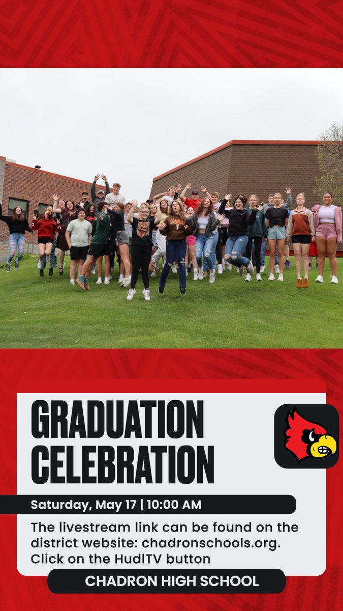 ChadronHS's tweet image. Chadron High School Graduation
📍 CHS Gym "The Birdcage"
⏰ Saturday, May 17th @ 10:00am
📺 fan.hudl.tv - search Chadron
#GoCardsNation
