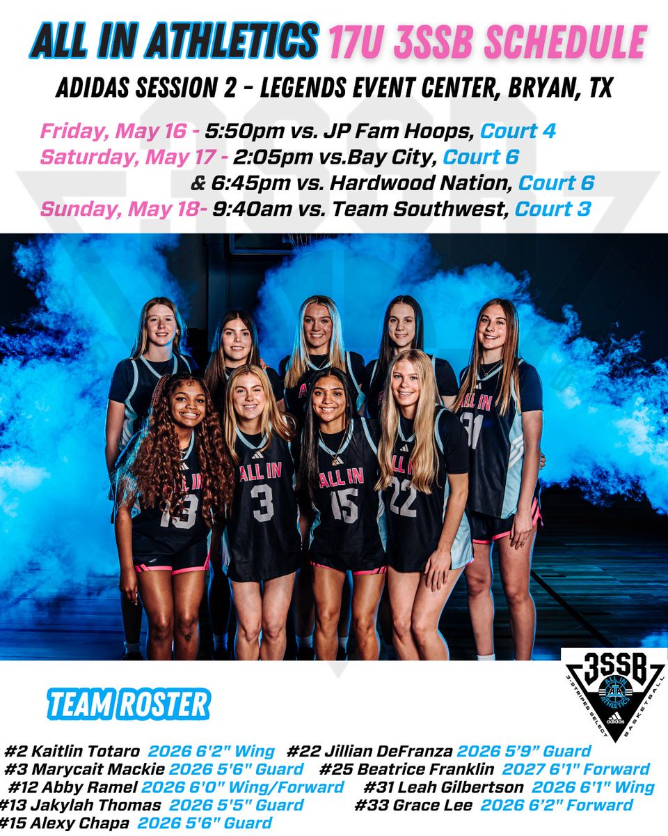 ALL IN Elite Girls 3SSB (@aiaelitegirls) on Twitter photo ALL IN 17U starts <a href="/3SSBGCircuit/">3Stripes Select Basketball Girls Circuit</a> Session 2 today at 5:50pm on ct 4 vs. JP Fam Hoops at the Legends Event Center. #ALLINfamily <a href="/aiathletics/">ALL IN Athletics</a> #3SSBGirls ALL IN 17U starts <a href="/3SSBGCircuit/">3Stripes Select Basketball Girls Circuit</a> Session 2 today at 5:50pm on ct 4 vs. JP Fam Hoops at the Legends Event Center. #ALLINfamily <a href="/aiathletics/">ALL IN Athletics</a> #3SSBGirls