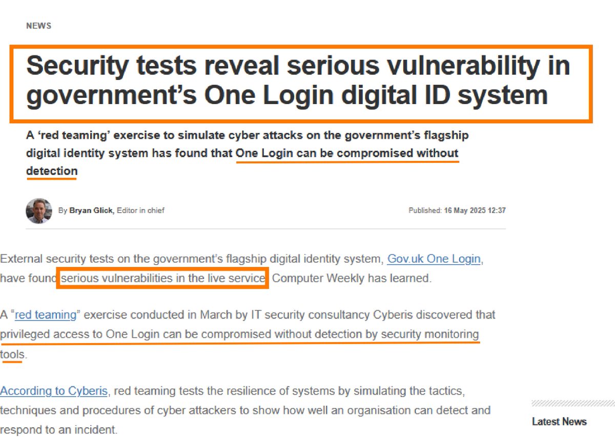 🚨 ONE LOGIN DIGITAL ID - UPDATE 🚨

"External security tests on the UK Govt flagship Digital ID [verification] system, One Login, found serious vulnerabilities in the live service."

In March, a Red Team exercise showed privileged access can be compromised without detection...