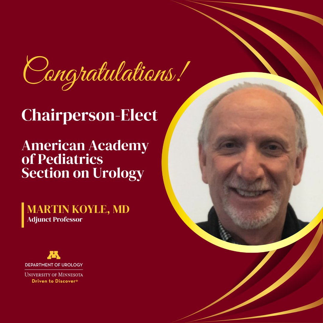 We are proud to share that Dr. Martin Koyle is Chairperson-Elect of the American Academy of Pediatrics Section on Urology! His term as Chairman-Elect will begin on November 1, 2025.

Read the full announcement: z.umn.edu/agi6
#UMNProud #americanacademyofpediatrics