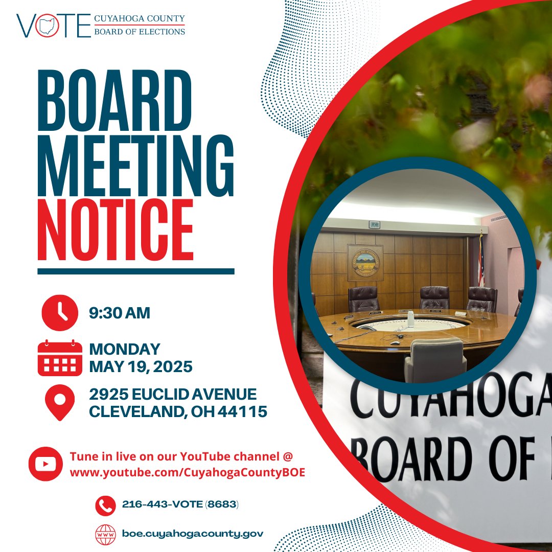 The Board of Elections will meet on May 19th at 9:30 a.m. Tune in at youtube.com/user/CuyahogaC… 

This will be at 2925 Euclid Ave., Cleveland, OH 44115