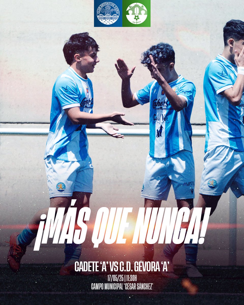 🩵 ¡MÁS QUE NUNCA!

⚽ Cadete 'A'  🆚 CD Gévora 'A'
🗓 Sábado 17/05/2025
🕛 11:30H. 
🏟 Campo Municipal ‘César Sánchez'.

📲 #CreciendoJuntos #NuestraCanteraMola