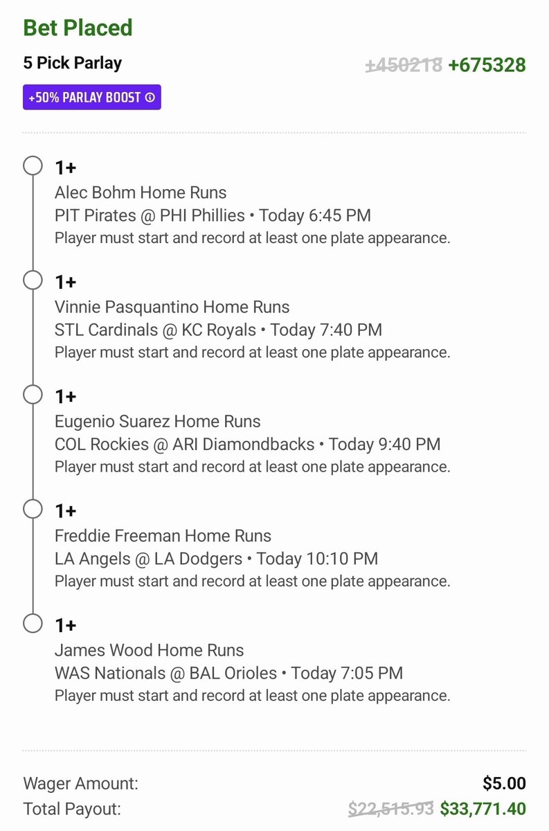 mamaknowsbets's tweet photo. ⚾💎 DraftKings King of the Diamond Boost 💎⚾

Alright alright alright 😎 so can't use the Cubs game for this FYI, so I had to really get creative (kind of). These are the other teams I like and some random doofs who might be able to bomb. Let's see if we can get any bonus bets 🙏🏻✨

Note the parlay WILL NOT hit - just doing my $5 minimum for entry.

Link: https://t.co/hcJ8SYmXNS

🍀🍀