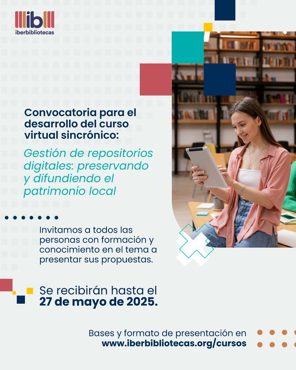 Invitamos a especialistas en el tema a presentar sus propuestas para el desarrollo del #curso virtual sincrónico:
💻𝐆𝐞𝐬𝐭𝐢ó𝐧 𝐝𝐞 𝐫𝐞𝐩𝐨𝐬𝐢𝐭𝐨𝐫𝐢𝐨𝐬 𝐝𝐢𝐠𝐢𝐭𝐚𝐥𝐞𝐬

🗓️Hasta el 27 de mayo. 
Más información: 
iberbibliotecas.org/cursos/tutores