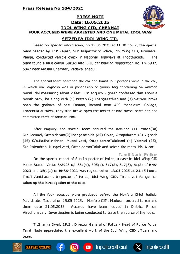 tnpoliceoffl's tweet photo. PRESS NOTE -  IDOL WING CID, CHEΝΝΑΙ

The Idol Wing officers have recovered a Amman metal idol smuggled in a car on the Tirunelveli-Thoothukudi National Highway and arrested four persons.

#PressNote #AmmanIdol #idolwing #AccusedArrested #TamilNaduPolice https://t.co/attH1pirEZ