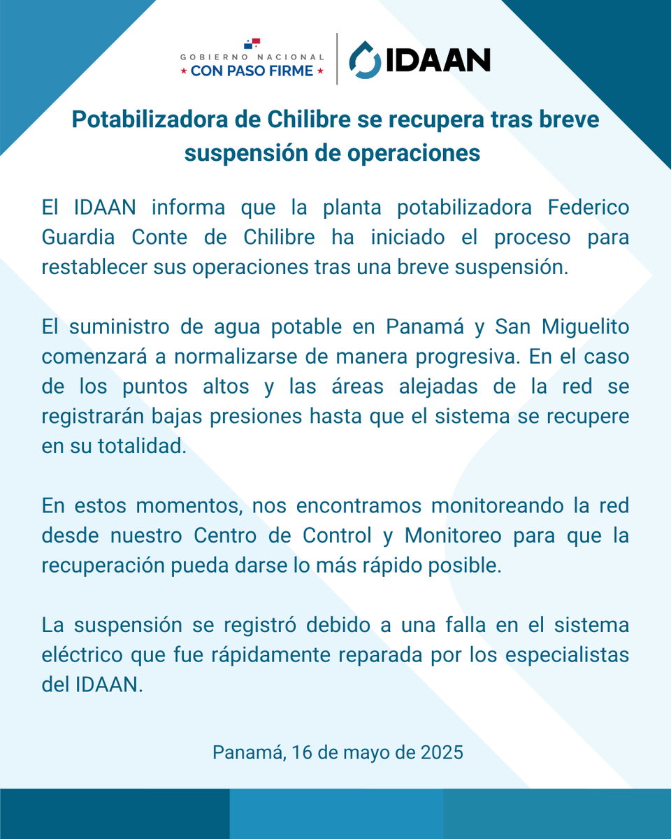 IDAANinforma's tweet image. 📍Chilibre: La potabilizadora de Chilibre ha reiniciado operaciones tras una falla registrada en el sistema eléctrico que fue atendida por nuestro personal técnico.👷♂️
El servicio se restablecerá progresivamente en Panamá y San Miguelito. 🚰
#SomosIDAAN
#ConPasoFirme