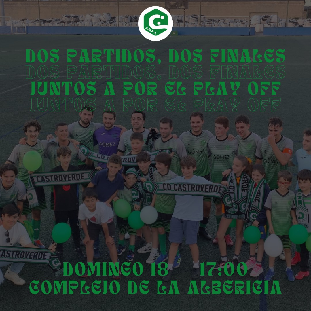 Os necesitamos a todos en este tramo final de liga. Quedan dos partidos y los dos serán en el Complejo, dependemos solo de nosotros para volver a vivir un playoff de ascenso.
📆Domingo 18 
⌚17:00
🏟️Complejo de la Albericia 
🆚 Pontejos
Vamos Castroverde 💚