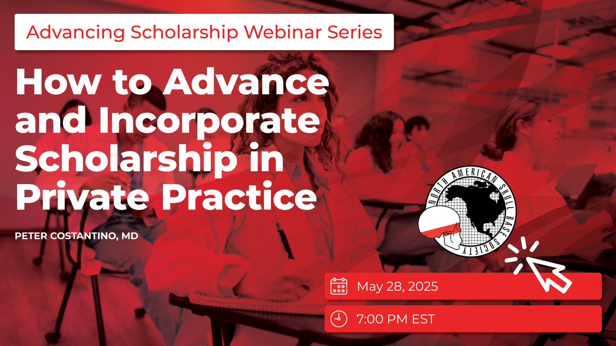 🎓 Advancing Scholarship Webinar
🗓 May 28, 2025 | 🕖 7 PM EST
📌 How to Advance and Incorporate Scholarship in Private Practice
🎤 Peter Costantino, MD
✅ Register: 1l.ink/3J5QDQF