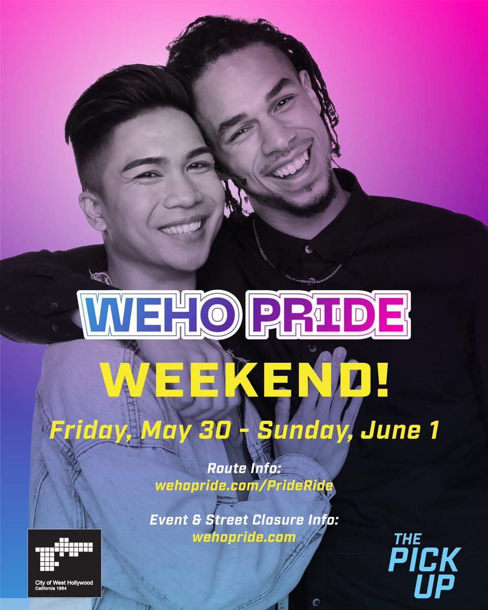 #WeHoPride is next weekend–Friday, May 30 - Sunday, June 1! 🙌🕺🕺🕺

And PRIDE RIDE will be running again this year on all 3 days, during these hours:

Pride Ride: 5 PM - 3 AM
Hollywood Highland Service: 5 PM - 12 AM

For more info go to: wehopride.com
<a href="/WeHoCity/">City of West Hollywood</a>