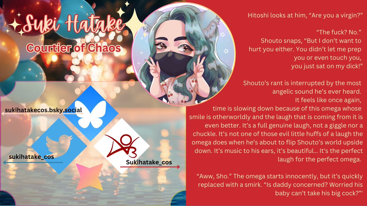 Insanity. Chaos. Brilliance. They all come from the same place- our Courtier of Chaos- <a href="/sukihatake_cos/">Suki Hatake 🌑🦊</a> !!!

Fave Party Game: I’m not that great at it but I’d have to say beer pong!

Recent Piece: archiveofourown.org/works/57068386

Comm Status: Open