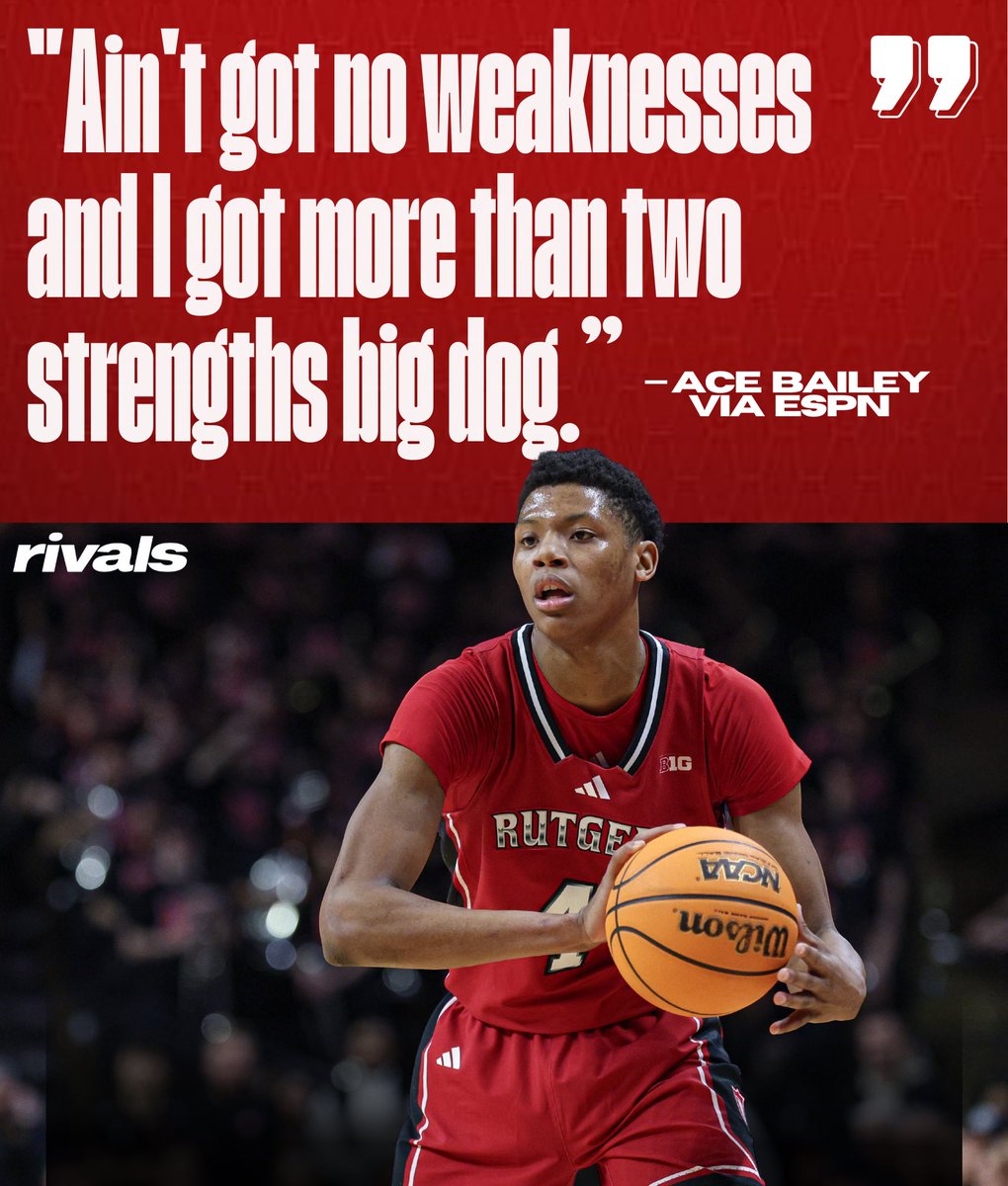 RutgersOn3's tweet image. Rutgers forward Ace Bailey (@AiriousB) with the quote of the NBA Combine via ESPN 🤣

“Ain&apos;t got no weaknesses and I got more than two strengths big dog.”

👉 tinyurl.com/RUNBACombine