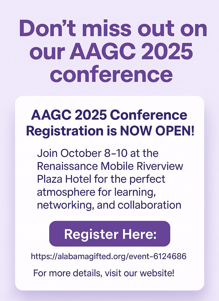Join us October 8-10 at the Renaissance Mobile Riverview Plaza Hotel. 
🔗 Register now: alabamagifted.org/event-6124686