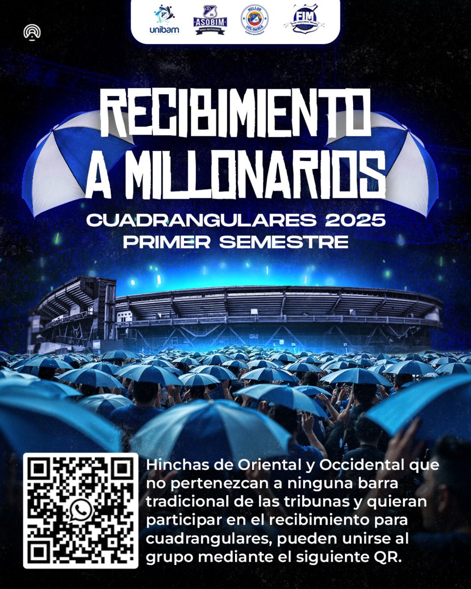 ASOBIM_'s tweet photo. Hoy encontrarán en la tribuna Oriental y occidental éstos afiches para que se unan al recibimiento en un partido de los cuadrangulares finales, scanea el QR, la fiesta de @MillosFCoficial nadie la podrá igualar #MillonariosEsSuHinchada https://t.co/NRf8CwziTt