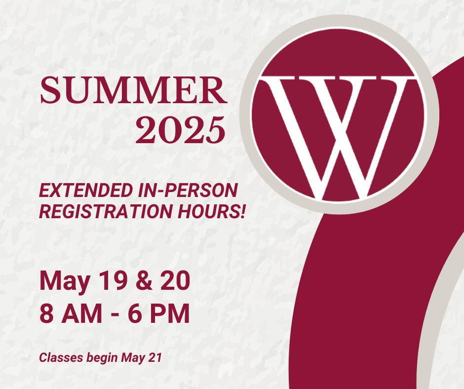 Summer Semester starts NEXT WEDNESDAY! ☀️ There's still time to register!

We've extended our in-person registration hours next week:

🗓️ May 19 &amp; 20
🕗 8 AM – 6 PM
💻 Register online anytime at wallace.edu!

📚 Classes begin May 21 – don’t miss out! 😎