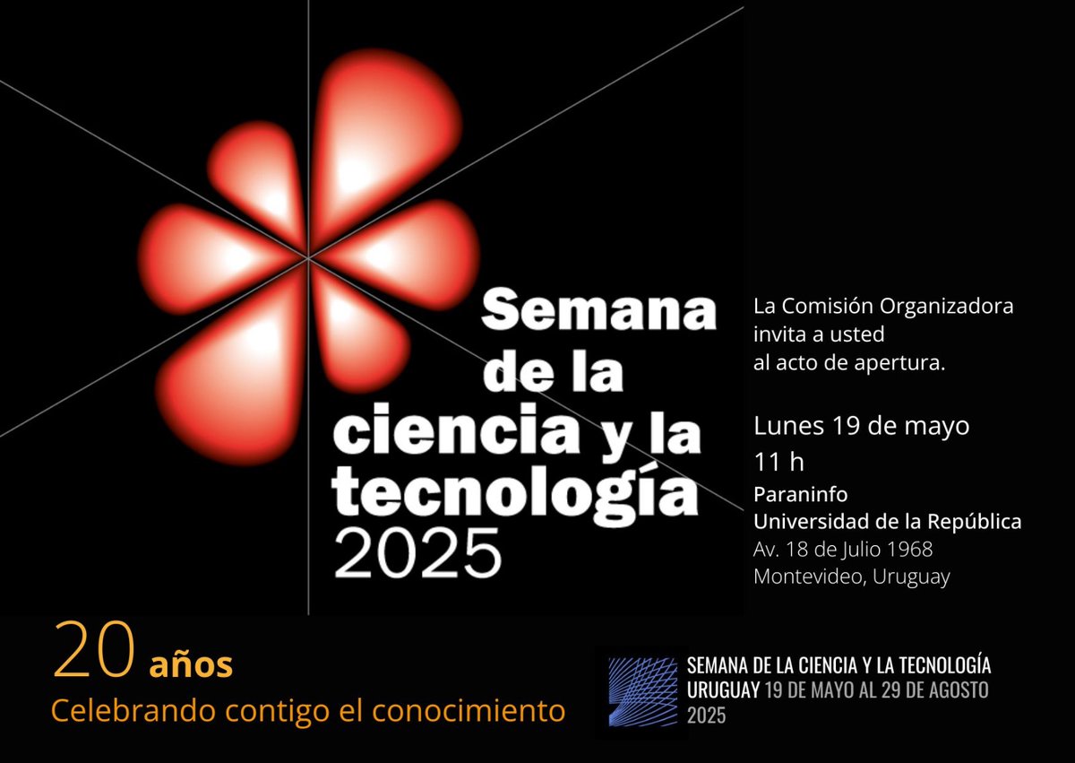 dicytmec's tweet photo. Semana de la #Ciencia y la #Tecnología: 2⃣0⃣ Años celebrando el conocimiento en #Uruguay 

Lanzamiento edición 2025: 19mayo 11 h Paraninfo @Udelaruy https://t.co/VGWbcQ8Wpn