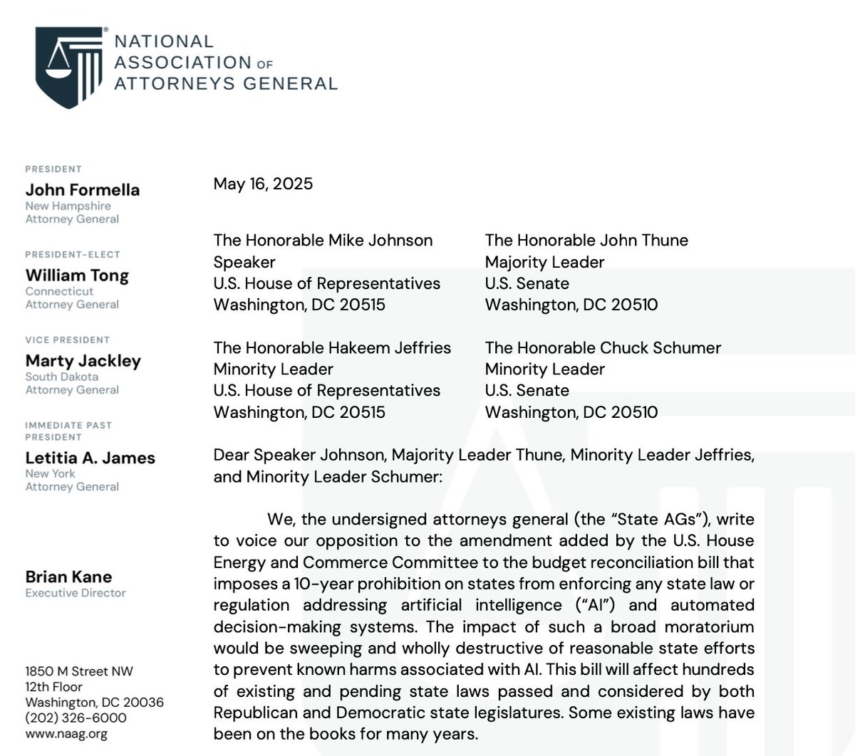 🚨 BREAKING: 40 bipartisan state AGs just delivered a powerful message to Congressional leadership: The proposed 10-year moratorium on state AI regulations would strip away critical consumer protections with NO federal alternative in place.