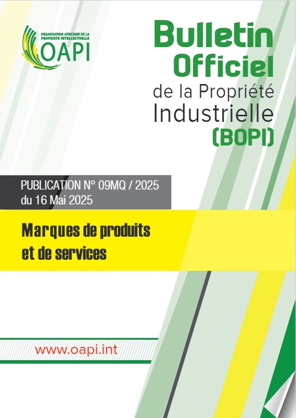 Bulletin Officiel de la Propriété Industrielle (BOPI) des Marques de produits et de services
Publication N° 09MQ/2025 du 16 mai 2025
+ d'information sur oapi.int/publication/ma…