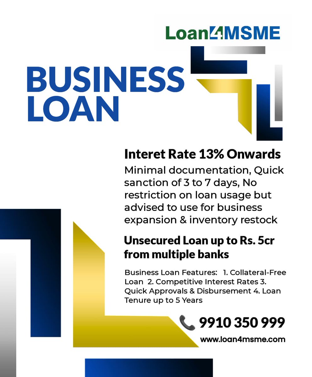 #BusinessLoans up to Rs. 5cr from Multiple banks and more.

Call @ 9910350999 to discuss your requirements.
- Best Interest Rate, starting 13% onwards.
- Quick sanction and disbursement

#Loan4MSME
loan4msme.com
#BL #BusinessLoan #BalanceTransfer of Loan