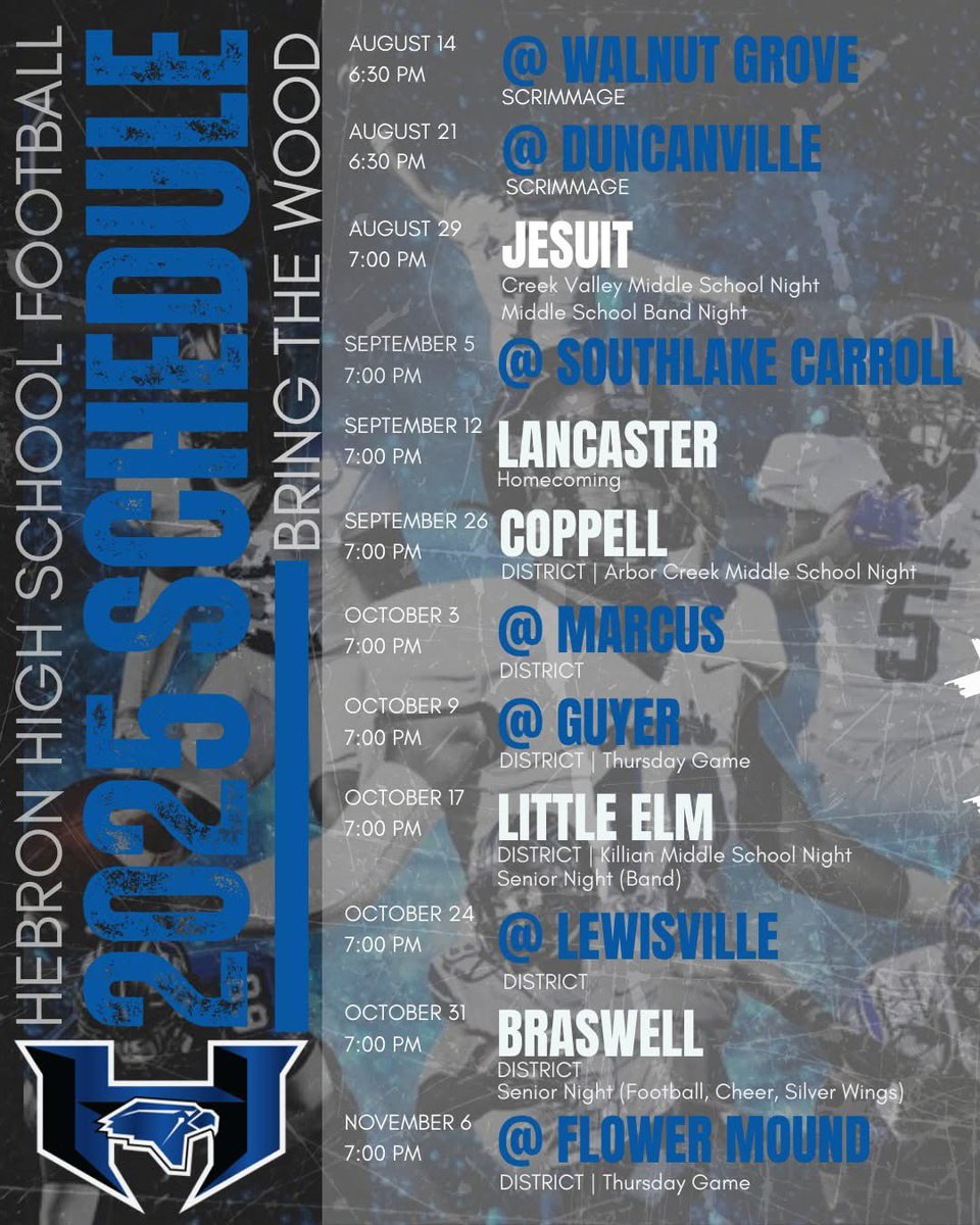 📣 HEBRON HAWKS FOOTBALL 🏈

Get ready, Hawk Nation — it's time to RISE UP 💪🔥

🎯2025 Varsity Football Schedule is HERE!

Mark your calendars, pack the stands and bring the energy 💥
This is OUR year 💙

#BTW #HPND #HebronFootball #FridayNightLights