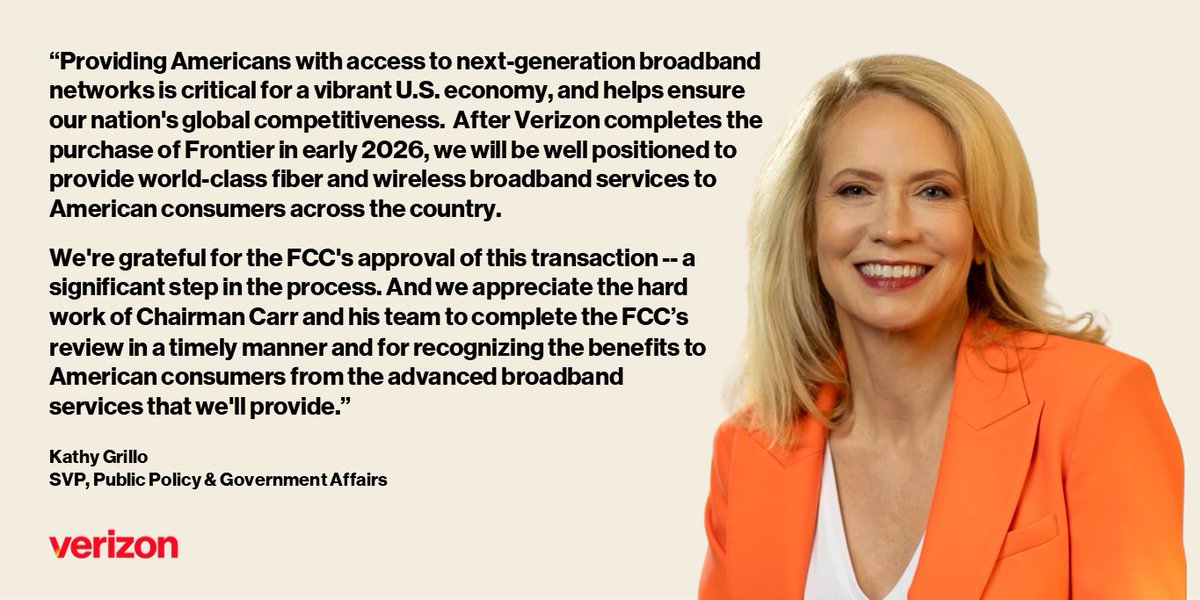 Today, the <a href="/FCC/">FCC</a> approved <a href="/Verizon/">Verizon</a>’s acquisition of <a href="/FrontierCorp/">Frontier Internet</a>. Here’s our statement ⬇️