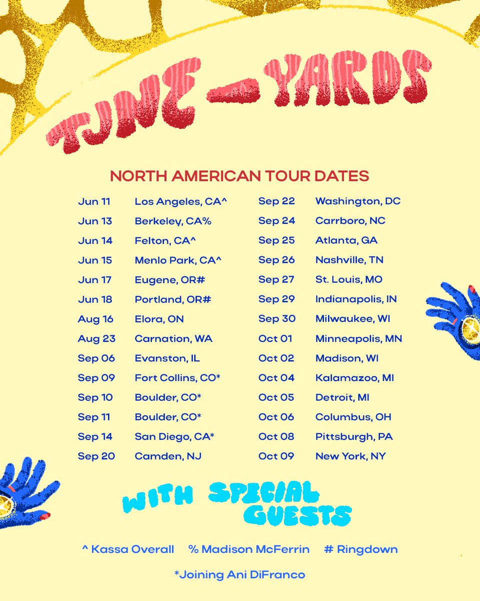 merrill garbus (@tuneyards) on Twitter photo We're also on tour this year, and after playing some shows last week, are so moved by the opportunity to bring us all together. We’ve just announced very special guests <a href="/KassaOverall/">kassa overall</a>, <a href="/madmcferrin/">Madison McFerrin</a>, and Ringdown on select dates. Find tickets: tune-yards.com We're also on tour this year, and after playing some shows last week, are so moved by the opportunity to bring us all together. We’ve just announced very special guests <a href="/KassaOverall/">kassa overall</a>, <a href="/madmcferrin/">Madison McFerrin</a>, and Ringdown on select dates. Find tickets: tune-yards.com