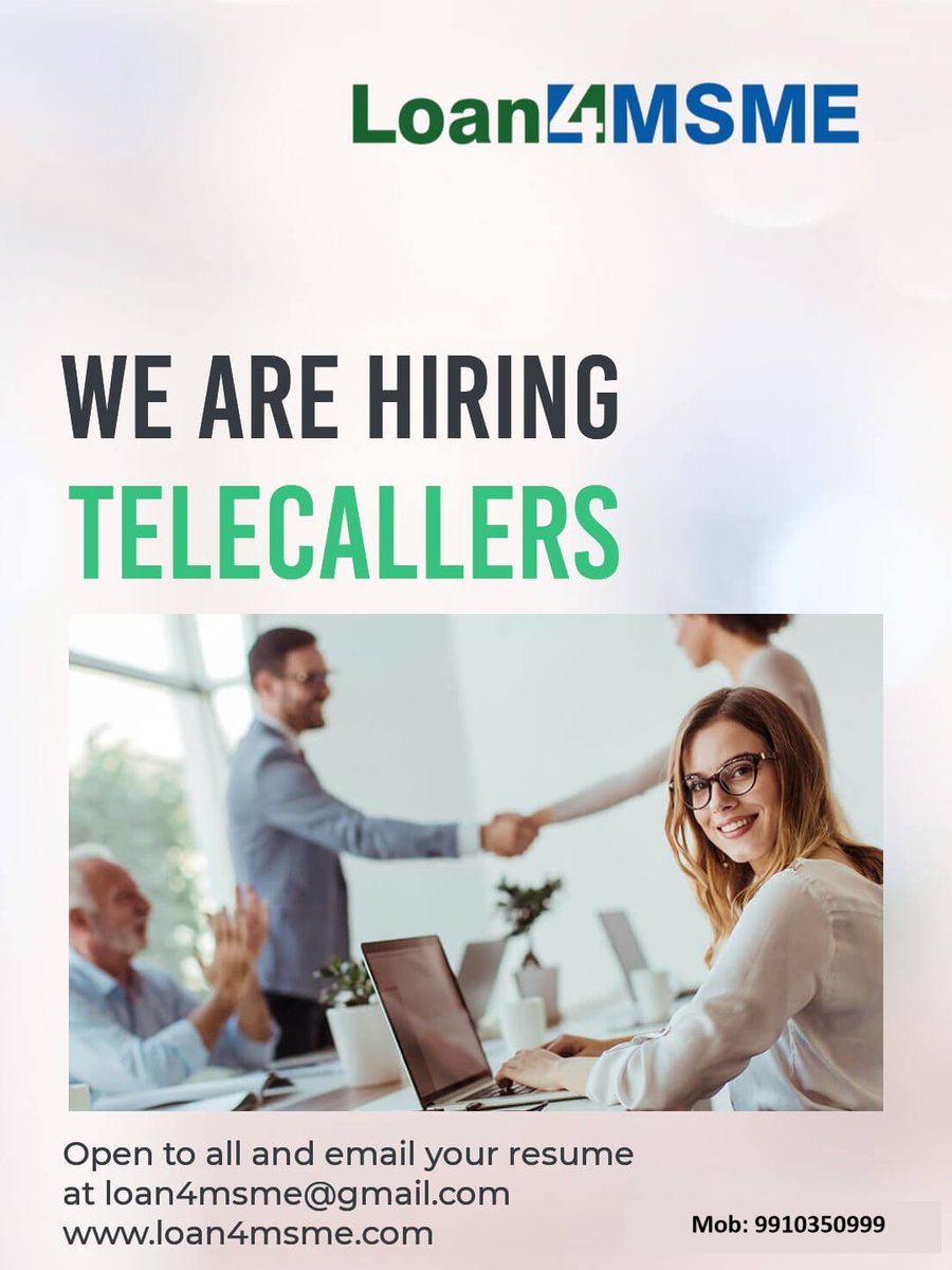 #Hiring #TeleCallers #Ghaziabad Vaishali, Ansal Plaza.
Share your resume at loan4msme@gmail.com

Salary - up to Rs. 20,000 per month.
Plus Incentives.

#jobopportunity #Telecallers