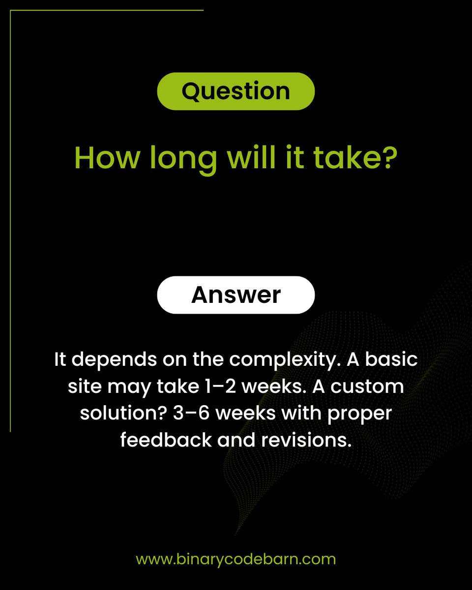 binarycodebarn's tweet image. ‘How long will it take?’ ‘How much will it cost?’ ‘Can I update it myself?’
✨ Transparency builds trust.
💬 Got a question? Drop it in the comments.
🌐 binarycodebarn.com
#WebDesign #WebDevAgency #BinaryCodeBarn #SmallBusinessWebsites #ClientQuestions #HonestAnswers