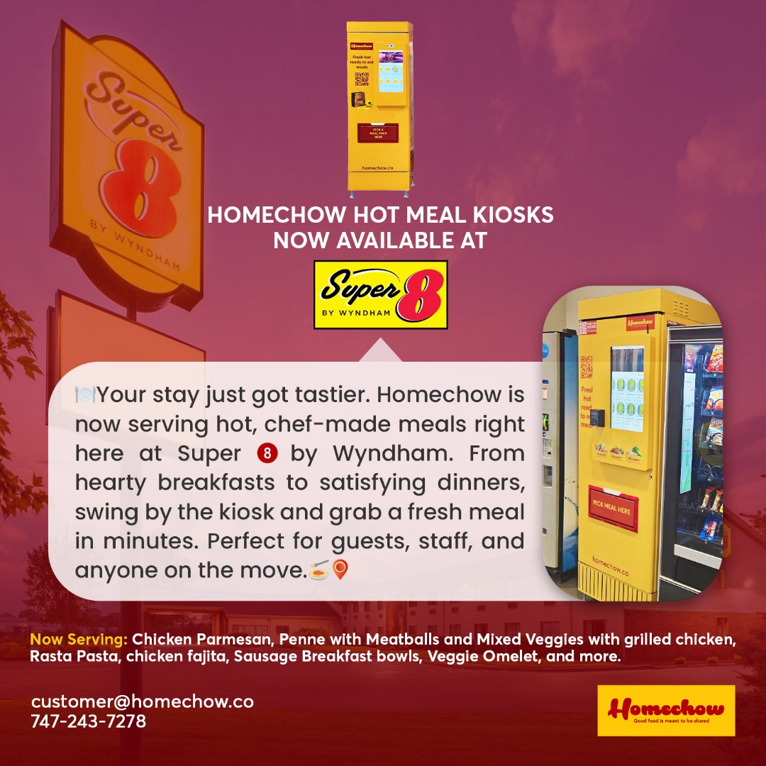 Fresh food just got super accessible.

Homechow kiosks are now live at Super 8 by Wyndham in Rochester.
From breakfast bowls to chicken parmesan, grab a hot, chef-made meal in minutes—no apps, no lines, just flavor.

#Homechow #Super8byWyndham #SmartFood #QuickEats #RochesterEats