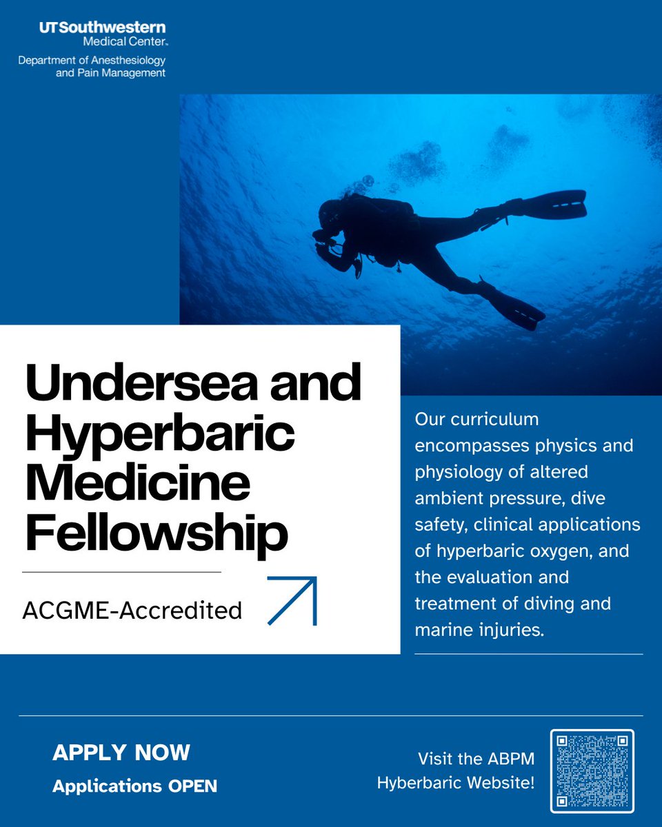UTSW_Anesthesia's tweet image. Now Accepting Applications: Undersea & Hyperbaric Medicine Fellowship Program!
Apply today for our ACGME-accredited fellowship and become part of a renowned program that merges advanced science with real-world medical applications! Link in bio on how to apply!