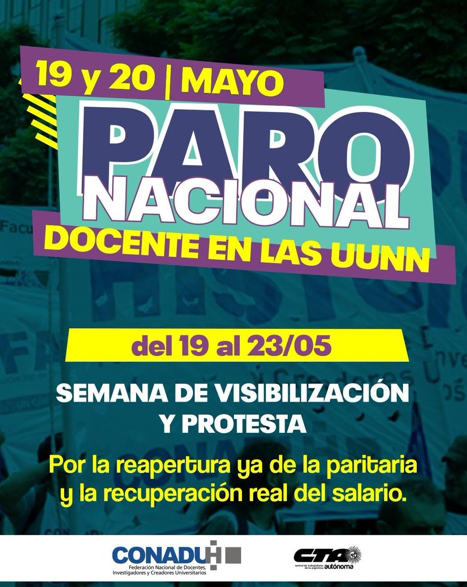 ::19 y 20/05: Paro docente en las universidades nacionales::

¡Apertura ya de la paritaria!¡Inmediata recuperación del salario!
➡️ Del 19 al 23/05: semana de visibilización y protesta.