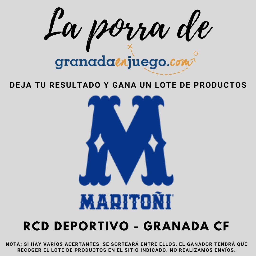 ¡Participa en nuestra porra!

¡Acierta el resultado del partido RC Deportivo 🆚️ Granada CF en nuestras redes sociales y llévate un lote de productos <a href="/Maritoni_SL/">Maritoñi</a>!

👇 Condiciones
✅ Seguir nuestro perfil
✅ Retuit o compartir
✅ Dejar sólo un resultado