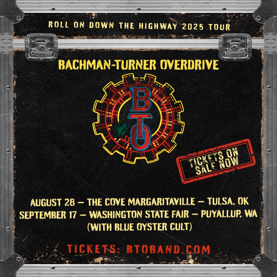 ON SALE NOW: Get your tickets to see BTO’s Roll On Down The Highway 2025 Tour in the US!

August 28 – The Cove Margaritaville – Tulsa, OK
September 17 – Washington State Fair – Puyallup, WA (with Blue Oyster Cult)

Visit btoband.com for tickets and info.
#BTO