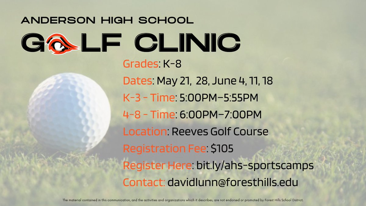 Anderson Athletic Boosters (@boosters_ahs) on Twitter photo <a href="/AHSRaptorsGolf/">Anderson Boys Golf</a> Clinic Starts 5/21 ā³ļø
Be sure to register today!
Register Here: bit.ly/ahs-sportscamps <a href="/AHSRaptorsGolf/">Anderson Boys Golf</a> Clinic Starts 5/21 ā³ļø
Be sure to register today!
Register Here: bit.ly/ahs-sportscamps