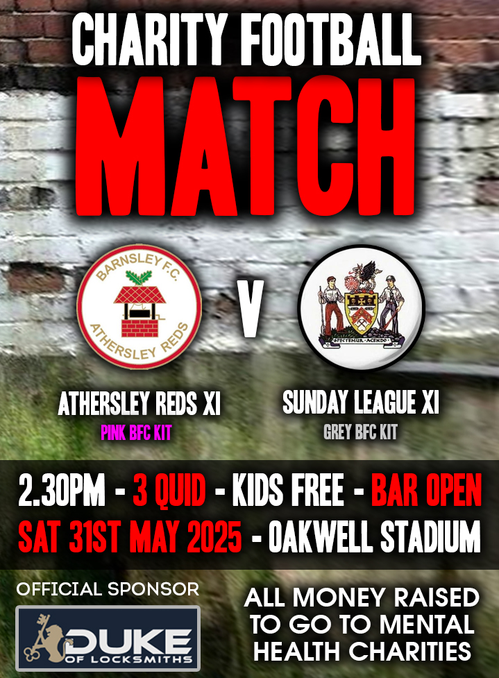 EyUp&Down ~ Barnsley FC Fanzine (@eyupanddown) on Twitter photo Been asked to help promote this CHARITY MATCH at Oakwell
<a href="/AthersleyReds/">Athersley Reds</a> XI
v
<a href="/BarnsleySunday/">Barnsley And District Sunday League</a> League XI Been asked to help promote this CHARITY MATCH at Oakwell
<a href="/AthersleyReds/">Athersley Reds</a> XI
v
<a href="/BarnsleySunday/">Barnsley And District Sunday League</a> League XI