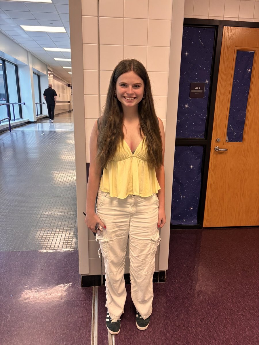 purbalite's tweet photo. It’s Fashion Friday! 
Senior Alexa Sherman styles a light pink tank top with ripped jeans. 
Freshman Keely Duzyk pairs white cargo pants with a light yellow top. 
Senior Gavin Barrett styles a green shirt with a brown belt and jean shorts. https://t.co/TMswN4scjM
