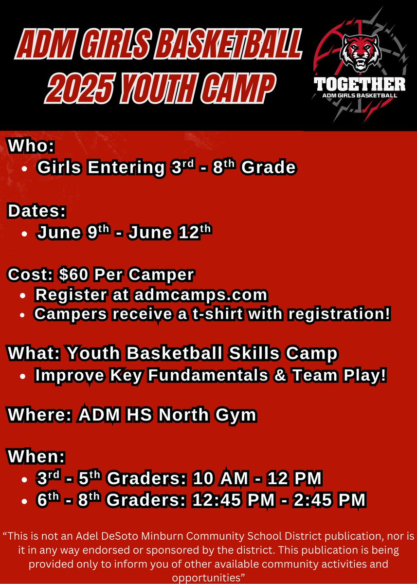 Use the link below to register for our upcoming youth camp. The camp will run from June 9th to the 12th—only 24 days away! Registration will close on May 30th.

admcamps.com/girls-basketba…

#Together