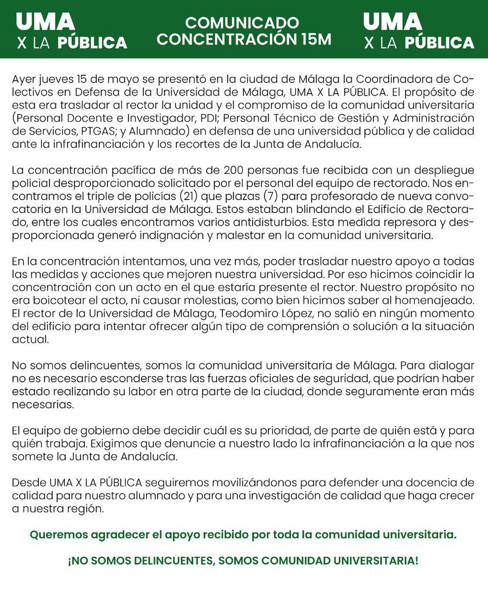 ¡Muchas gracias a todas las personas que vinisteis ayer a la concentración! 🙌  Y también a quienes nos apoyasteis compartiendo en redes lo que pasaba.

La coordinadora "UMA x la Pública" ha dejado claro que defenderá una universidad pública y de calidad con todas sus fuerzas. 💪