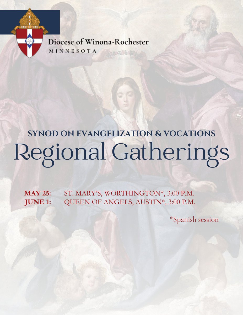 Regional gatherings for our Diocesan Synod are happening near you! The next synod gathering is THIS SUNDAY, May 25, in Worthington.

Learn more about this synod process and take some time to pray the prayer for the synod by visiting here: dowrsynod.my.canva.site