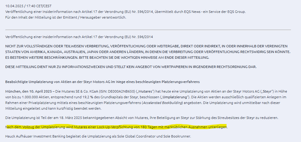 l_m_s15's tweet photo. Lock-ups sind inzwischen wohl nichts mehr Wert. Nach der Platzierung von #SteyrMotors Aktien Mitte April hatte #Mutares eine 180-Tage Lock-up Frist kommuniziert. Die hat jetzt grade mal etwas mehr als 30 Tage gehalten. 11% an die B&C Gruppe verkauft & von 40% auf 29% reduziert. https://t.co/KD1Ri7Fyyl