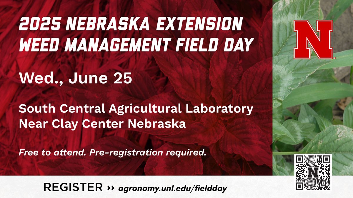 Nebraska Agronomy and Horticulture (@unlagrohort) on Twitter photo 2025 #UNLExtension Weed Management Field Day Wed., June 25, 8:30am – 1pm, South Central Ag Lab near Harvard, NE. On-site demonstrations of new technologies/herbicides for weed control. REGISTER >>agronomy.unl.edu/fieldday #UNL #UNLIANR #UNLAgroHort #AmitUNL <a href="/UNL_CropWatch/">Nebraska CropWatch</a> 2025 #UNLExtension Weed Management Field Day Wed., June 25, 8:30am – 1pm, South Central Ag Lab near Harvard, NE. On-site demonstrations of new technologies/herbicides for weed control. REGISTER >>agronomy.unl.edu/fieldday #UNL #UNLIANR #UNLAgroHort #AmitUNL <a href="/UNL_CropWatch/">Nebraska CropWatch</a>