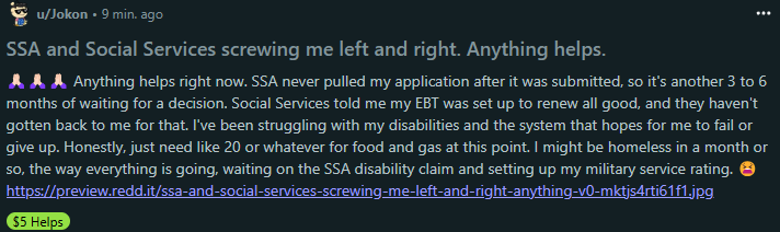 Jokotron5000's tweet photo. I am struggling with everything these days. SSA failed to pull my application when it was sent from federal to state so I have to start over. Social services screwed up my assistance for the next few months. #CrisisMode #Struggle #MentalHealth #Feelingdefeated #SendHelp https://t.co/aVg7KtPFcJ