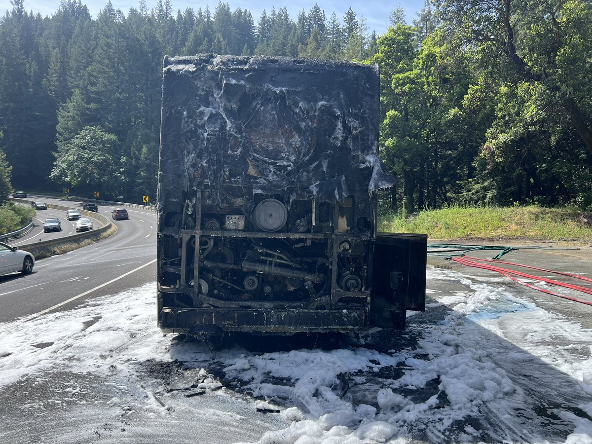 The southbound lanes of SR-17 were just opened after a bus caught fire and moved to the right shoulder, allowing the occupants to exit. Both lanes were shut down for approximately 40 mins before the left lane was re-opened. There were no injuries