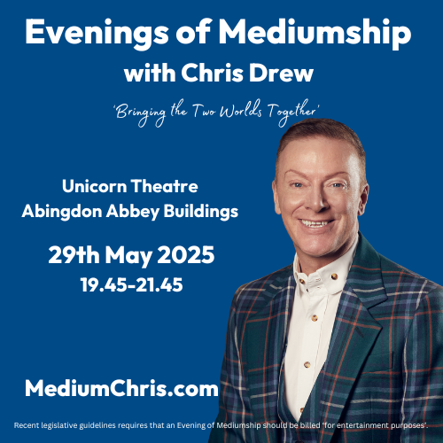 ✨ Don’t miss An Evening of Mediumship with Chris Drew on May 29th, 7:45-9:45 PM! 🌟 

Chris’s unique blend of humour, emotion &amp; insight has touched lives worldwide. 🔮 

#Mediumship #ChrisDrew #Spirituality #LifeAfterDeath #Healing
