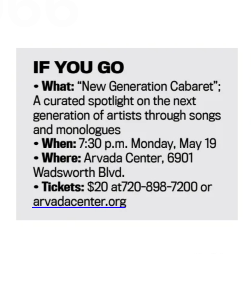 2. New Generation Cabaret: Monday, May 19 at <a href="/arvadacenter/">The Arvada Center</a>. All proceeds benefit <a href="/denveractorsfun/">denveractorsfund</a>. Tickets $20. Story in   <a href="/DenverGazette/">The Denver Gazette</a> --> denvergazette.com/arts-entertain…

Tickets at --> support.arvadacenter.org/94423/94424

<a href="/dps_k12/">Denver Public Schools</a>