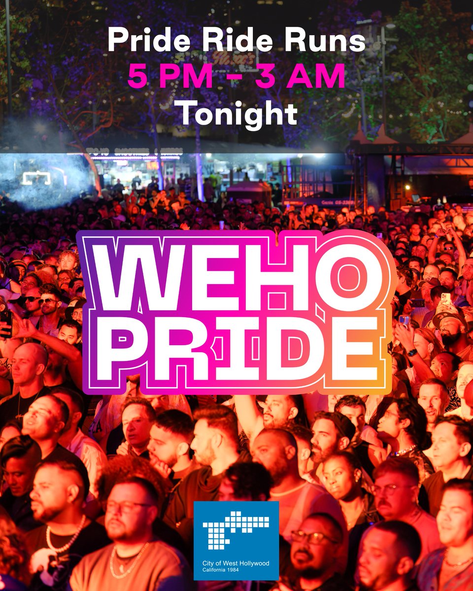 #WEHOPRIDE PRIDE RIDE tips:
1) Download the Pride Ride Route Map at: WeHoPickUp.com
2) The FASTEST WAY IN: board at stop #33 at La Brea on the south side of Santa Monica Blvd &amp; go nonstop to stop #24
3) More info at: wehopride.com
Now go HAVE FUN!
<a href="/WeHoCity/">City of West Hollywood</a>